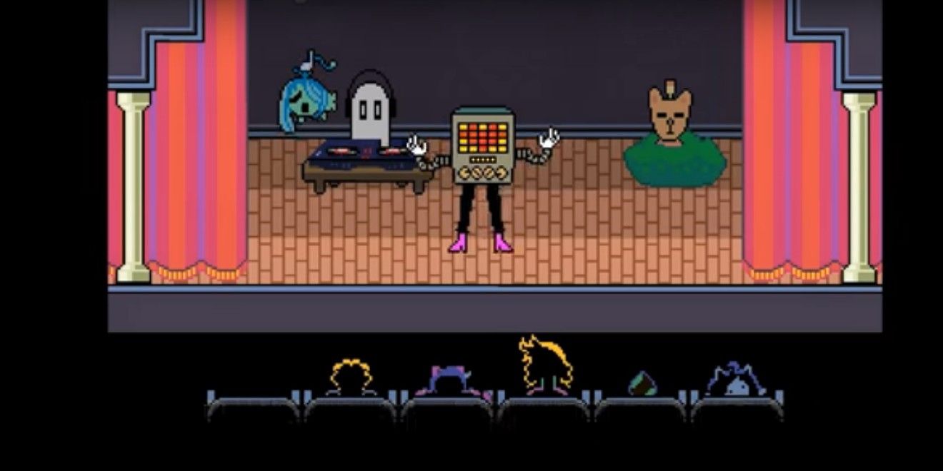 Mettaton on stage as a calculator with legs during the end credits Undertale