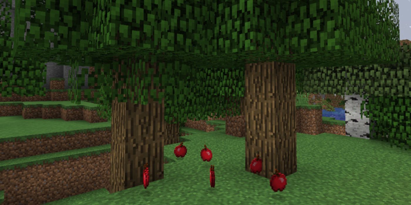 Minecraft apples on the ground next to a tree
