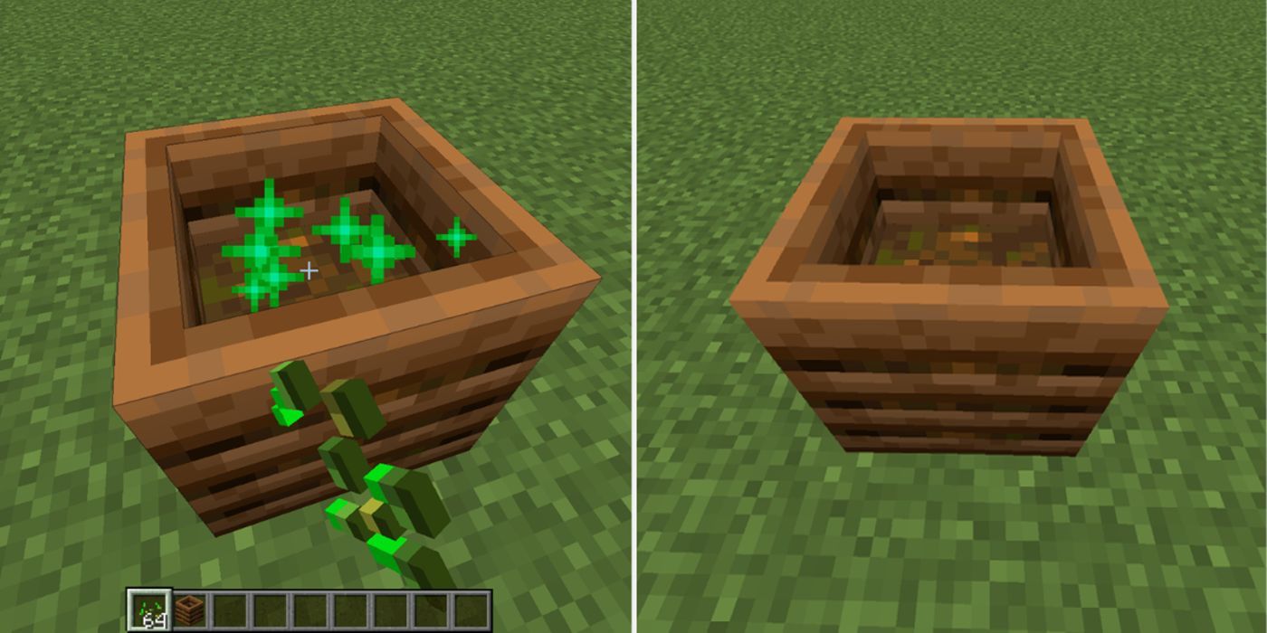 Two minecraft compopsters side by side, one being filled and one empty