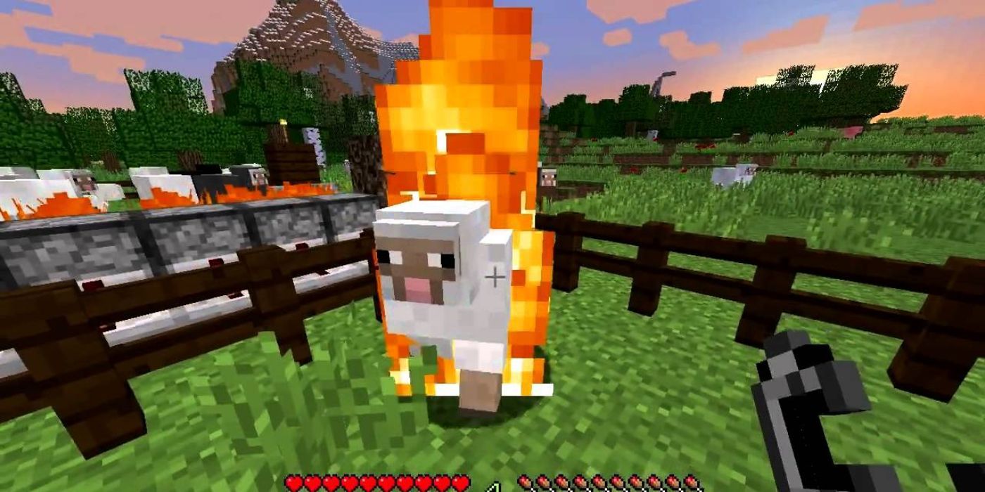 Minecraft sheep being burned for cooked mutton