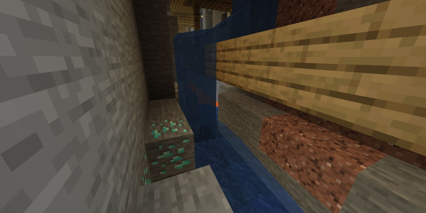 Minecraft diamond ore inside a mineshaft