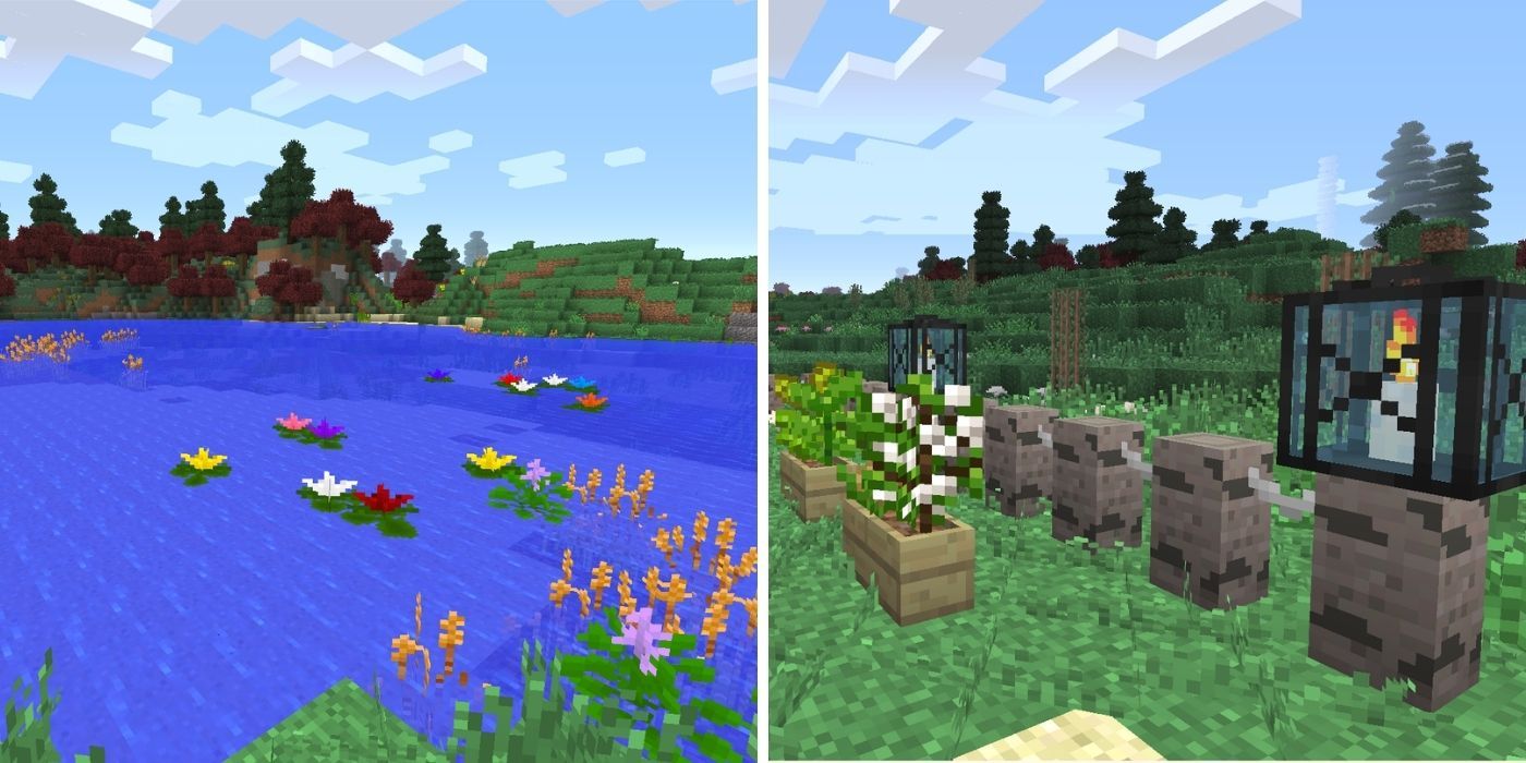 Minecraft Garden Mods: Flowers on lake, Potted plants, fences and lanterns