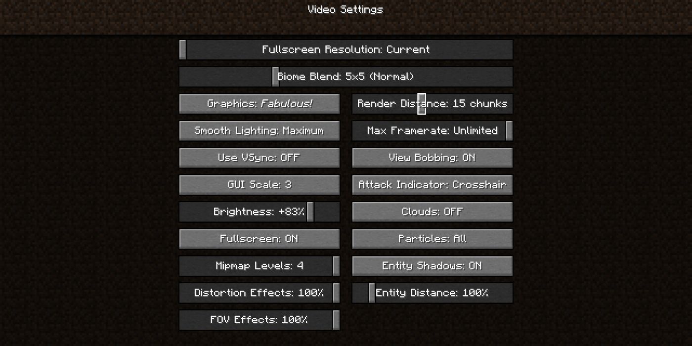 Minecraft video settings screen