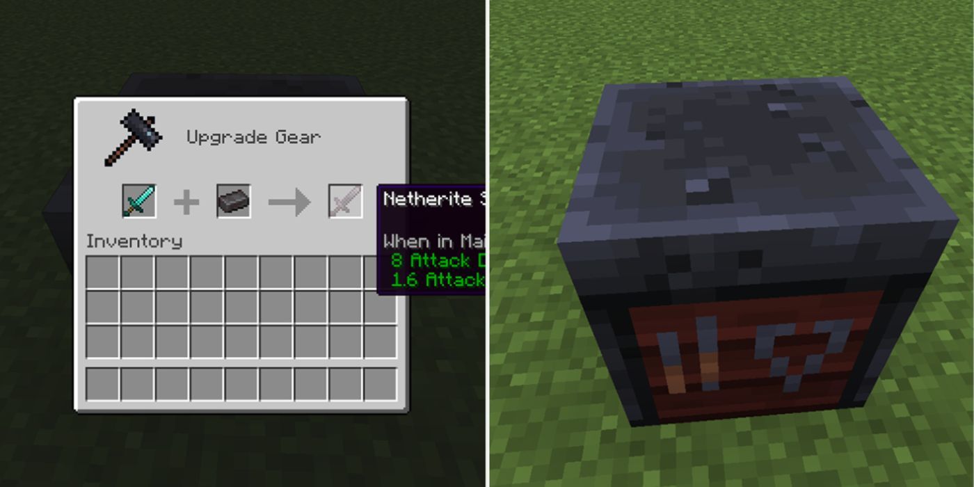 Minecraft using the smithing table to upgrade a sword