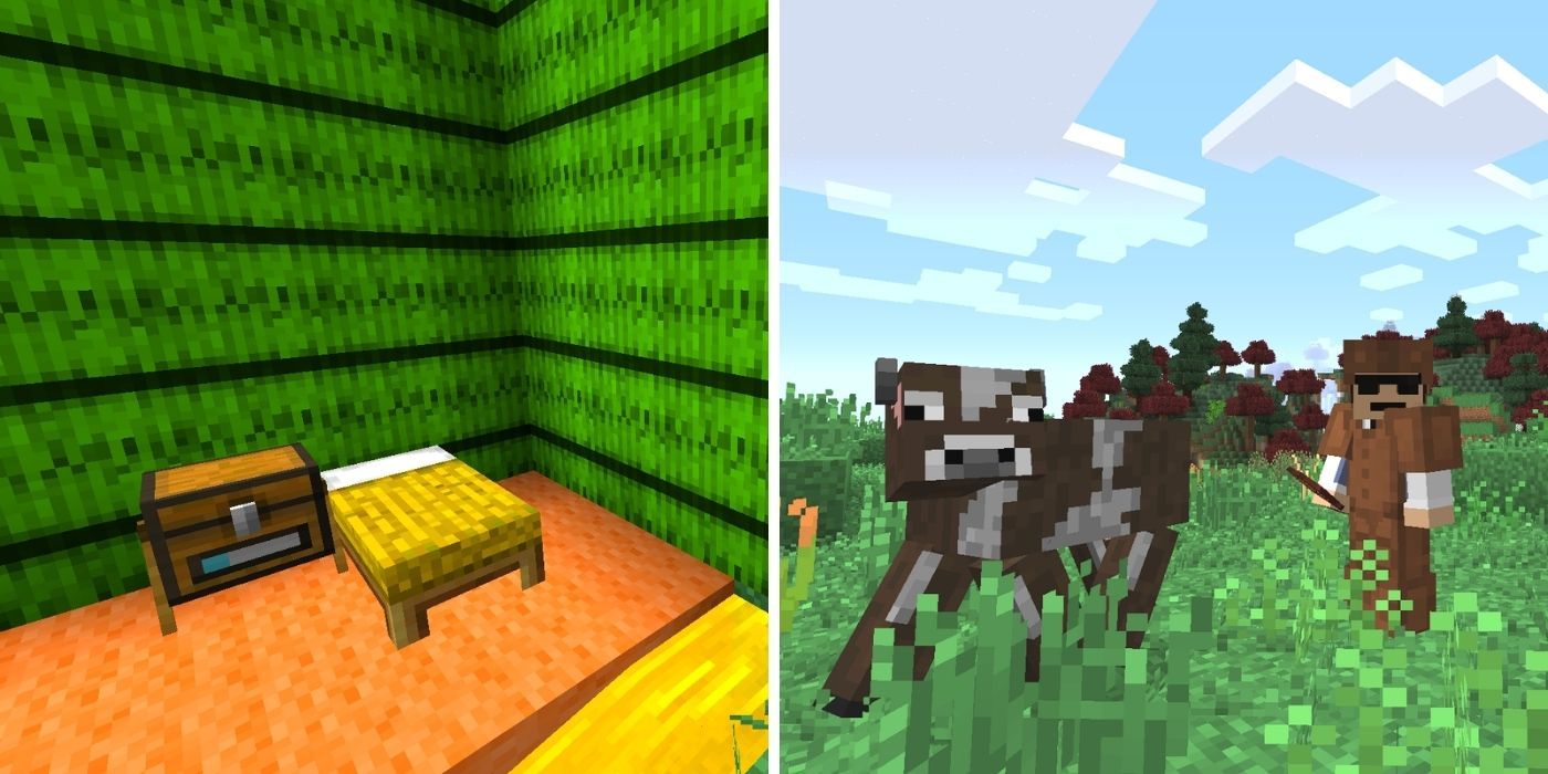 Minecraft Vegan mod: Straw bed, composter and character in burlap outfit next to a cow