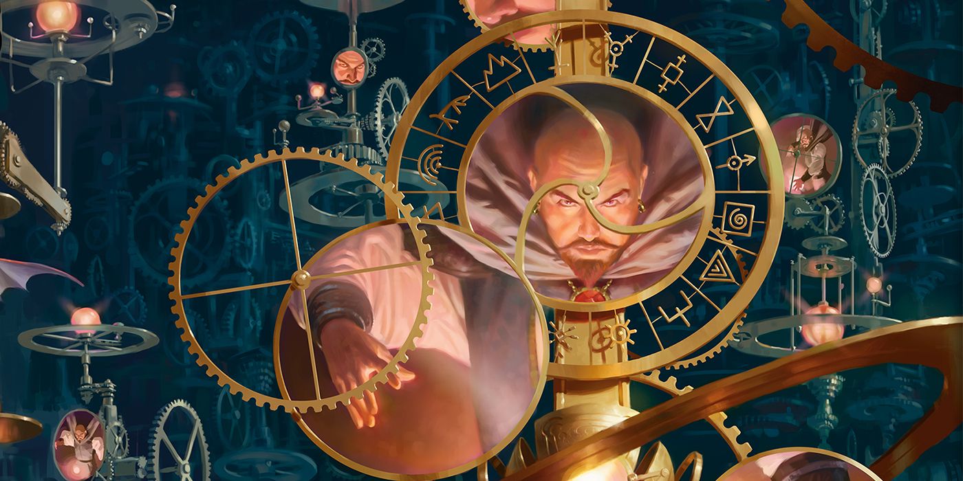 Artwork of A Mordenkainen's Image Reflected In Multiple Mirrors and turning gears