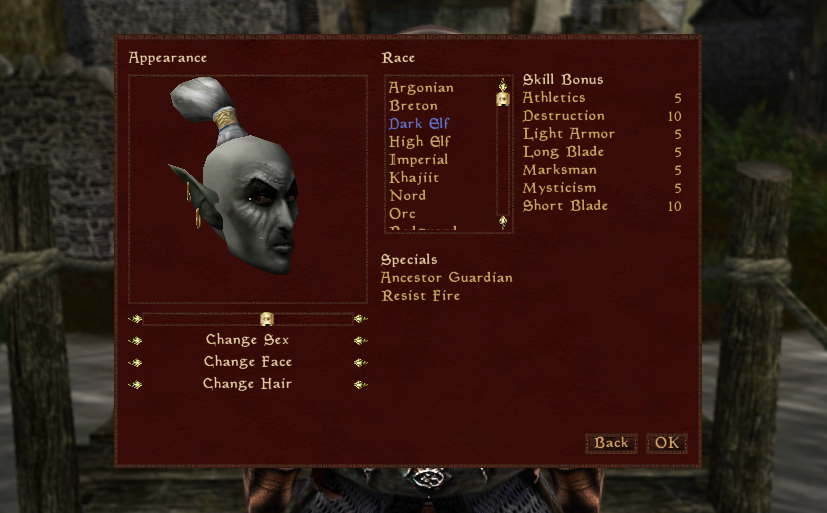 Elder Scrolls Morrowind character creation skills attributes dark elf race