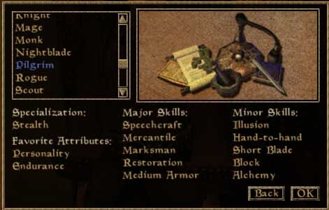 Elder Scrolls Morrowind character creation sheet class specializations skills attributes