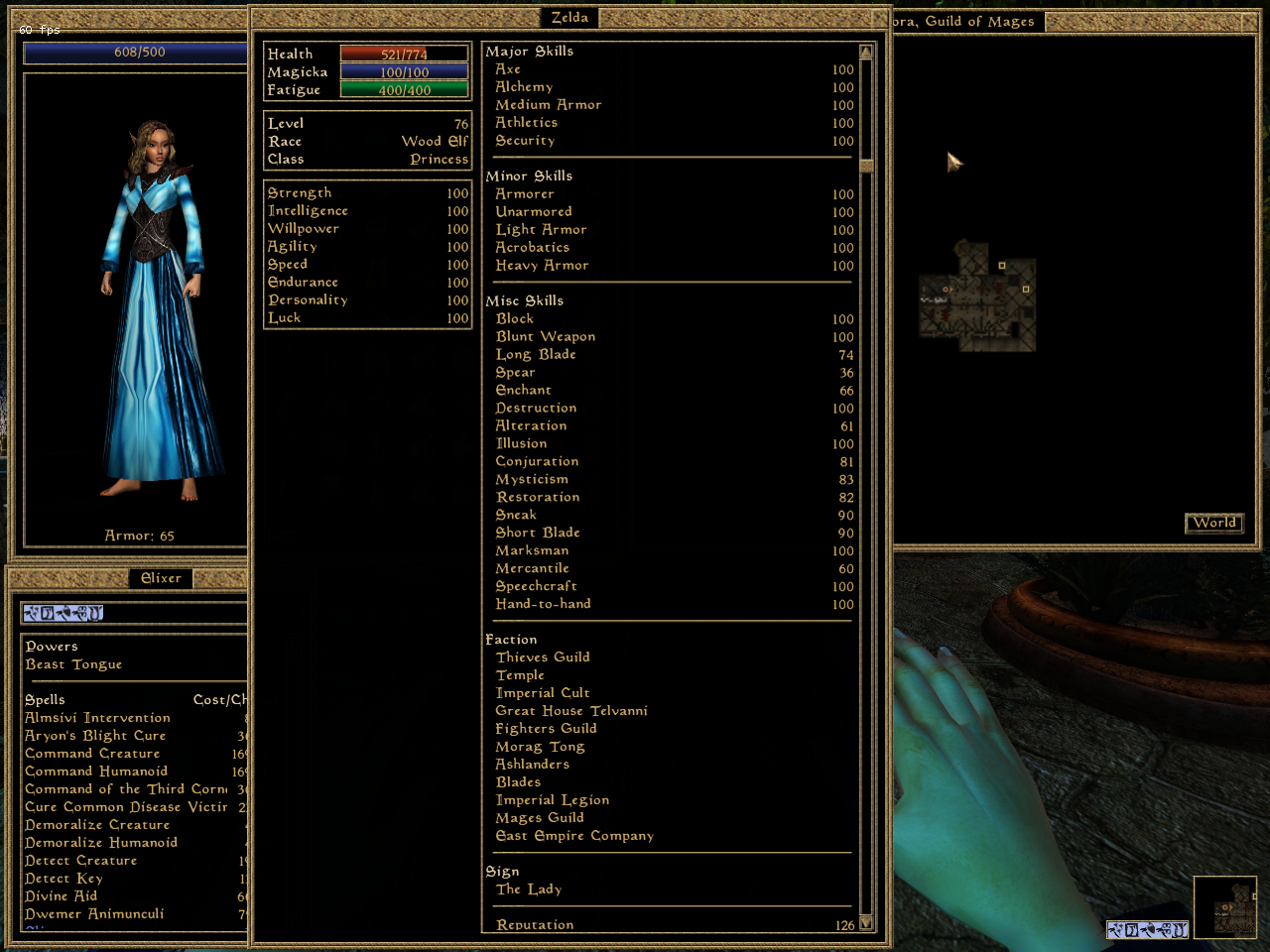Elder Scrolls Morrowind character sheet stats skills attributes Lady birthsign