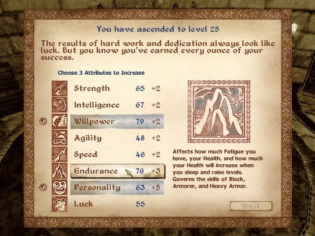 Elder Scrolls Morrowind attribute endurance level up