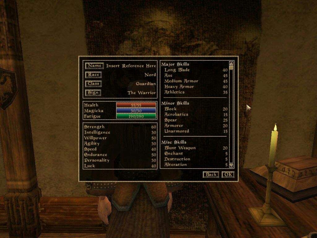Elder Scrolls Morrowind character creation major minor miscellaneous skills attributes