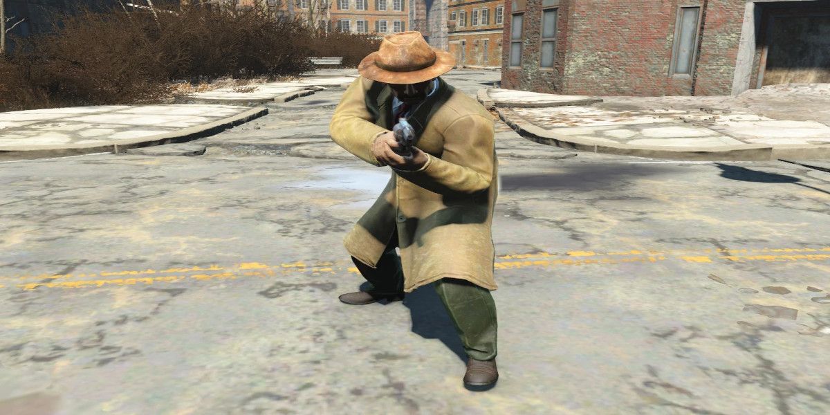 The myserious stranger in Fallout 4 takes aim at the player with a gun