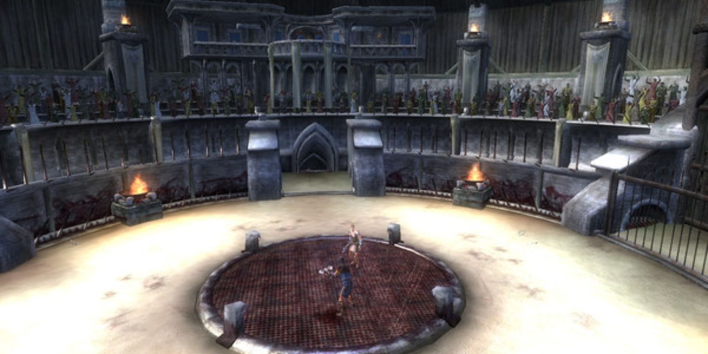 A duel takes place in the Imperial City Arena in Oblivion as spectators look on