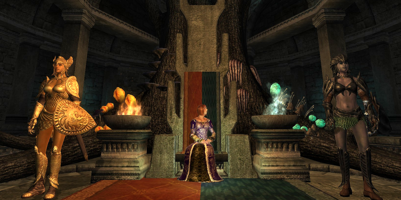The New Sheogorath (middle and you) on their throne in the Court of Madnees in Oblivion
