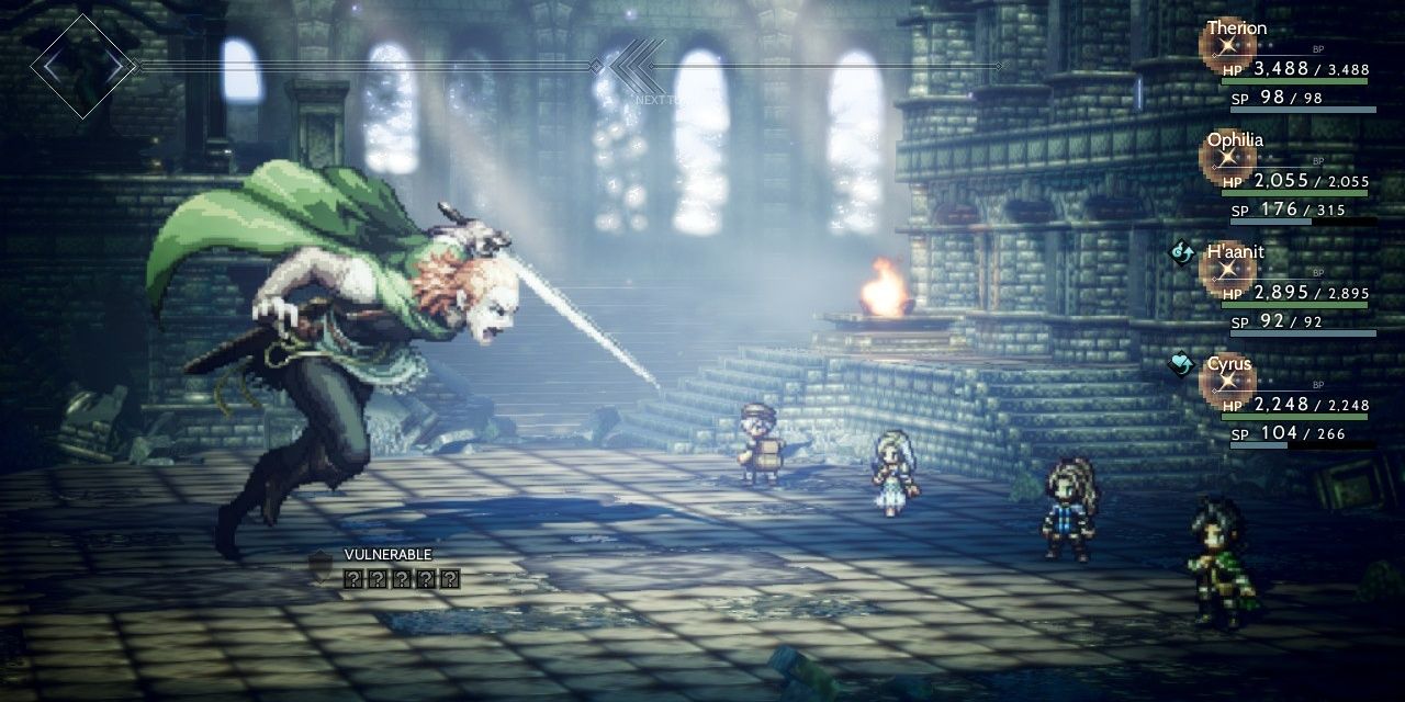 Octopath Traveler characters fight off a dangerous foe.