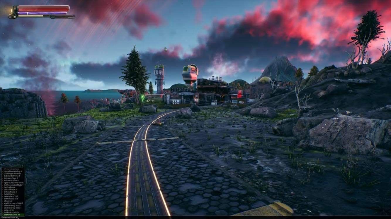 Outer worlds with console mod on the bottom of screen