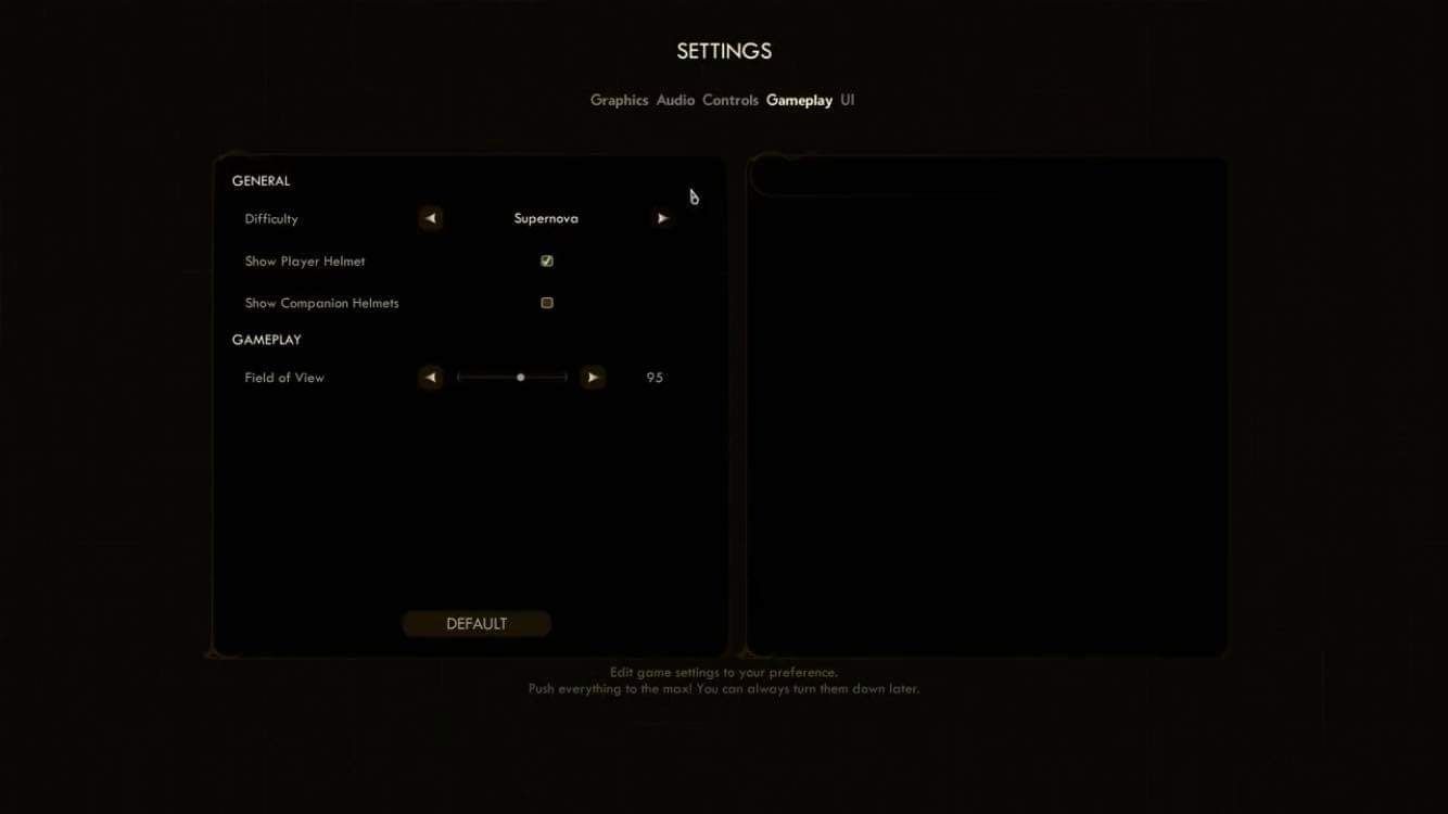 Settings screen with supernova difficulty selected