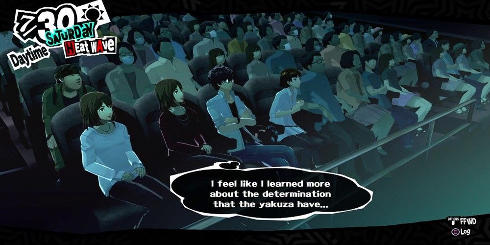 Joker watching a movie in the movie theater in Persona 5 Royal