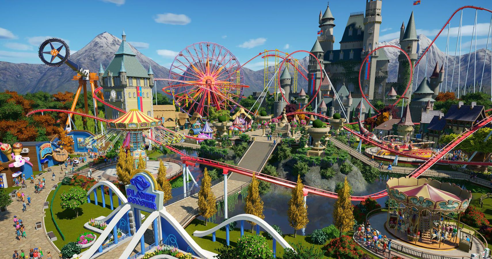 wide shot of a planet coaster park with a huge rollercoaster.