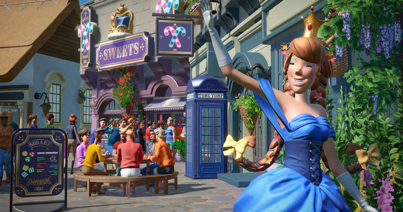 A princess walking along a worlds fair themes street in planet coaster.