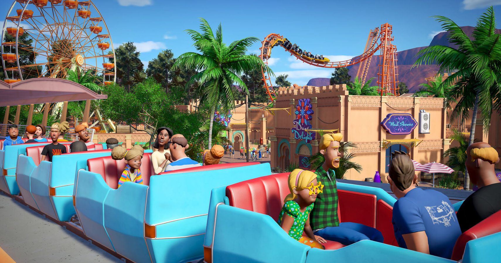 guests sitting in a coaster with a park behind them.