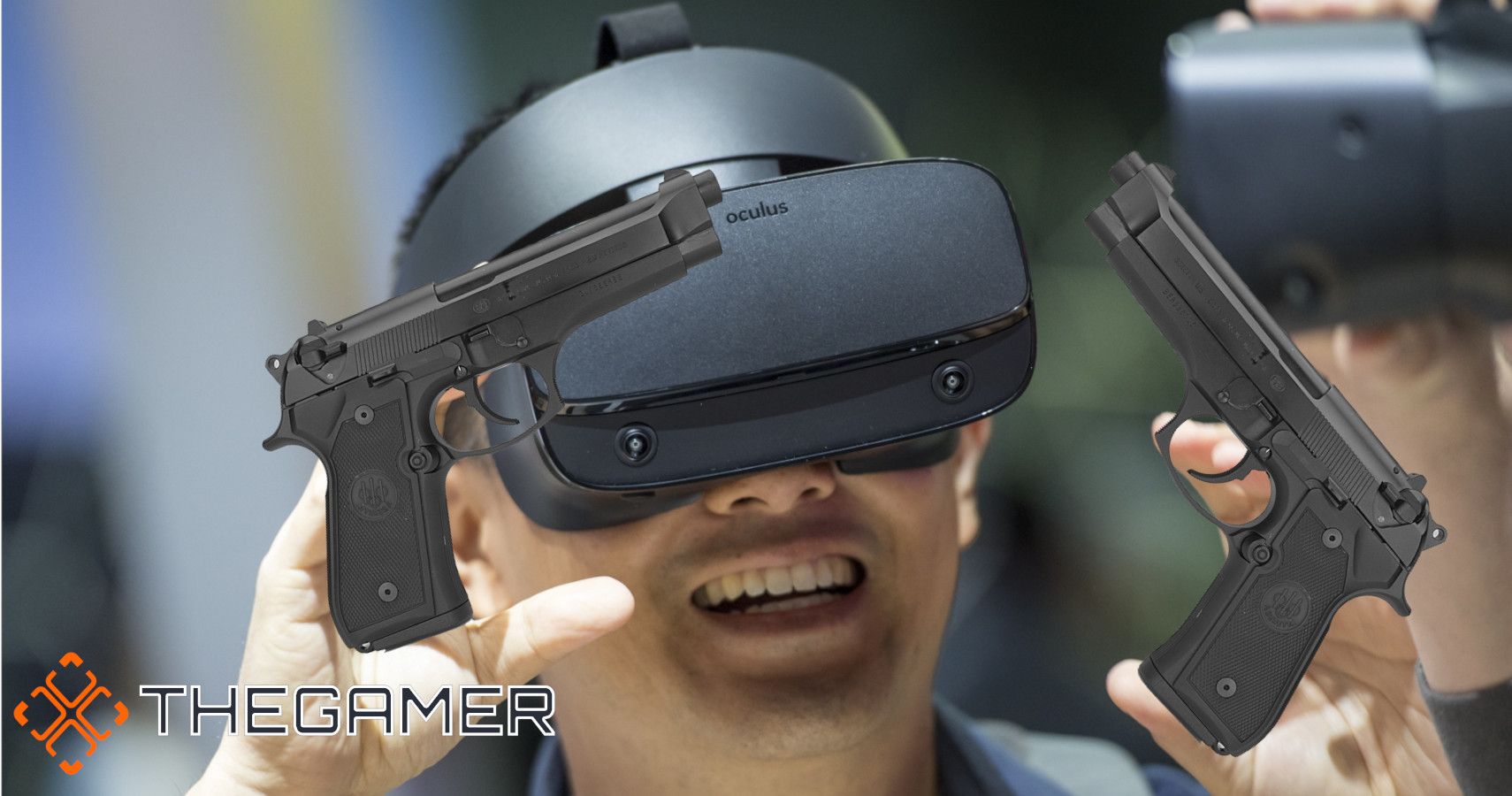 a person in an occulus quest vr headset holding two handguns
