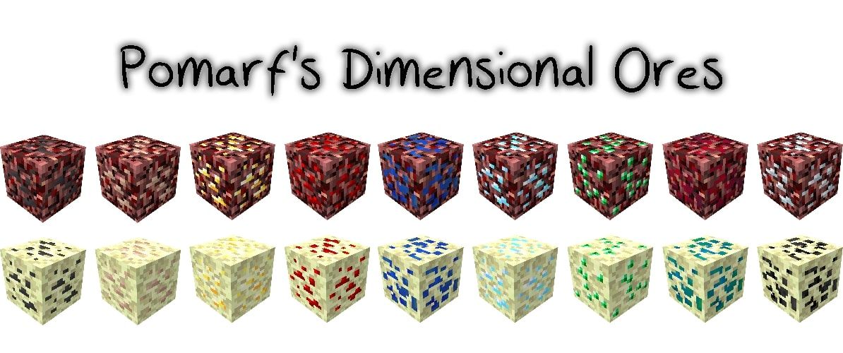 Text at the tops reads "Pomarf's Dimensional Ores" and underneath there are all of the vanilla ores displayed within blocks found in The End.