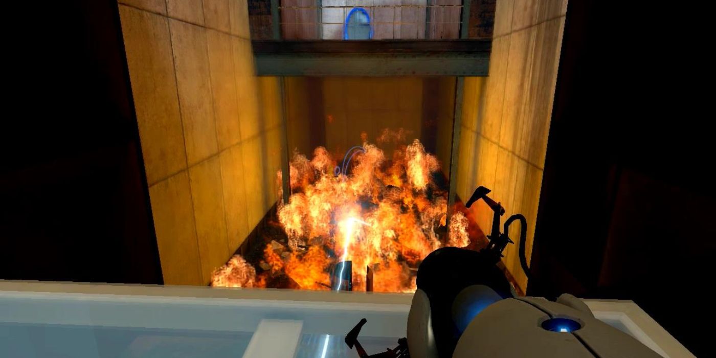Portal Screenshot of Chell Heading Into Fire Pit