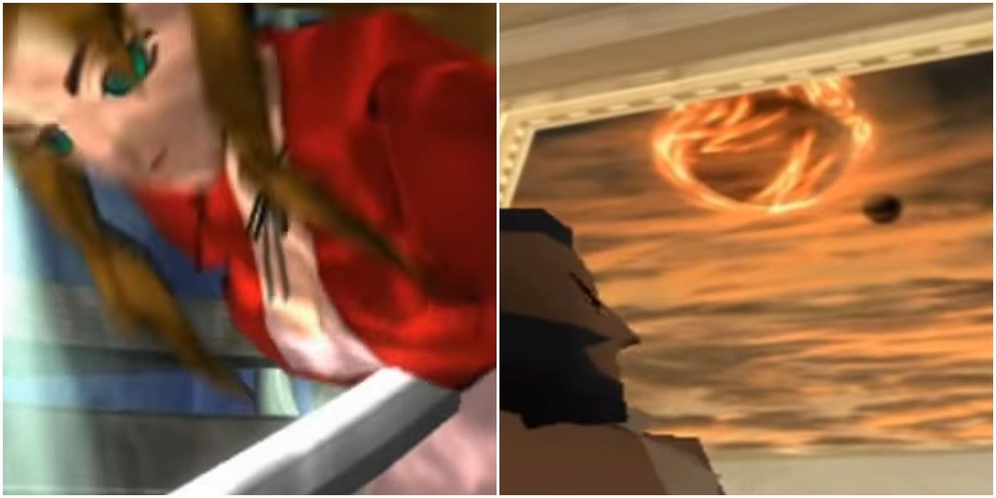 Final Fantasy 7: masamune impales Aerith. Barret stares at Meteor
