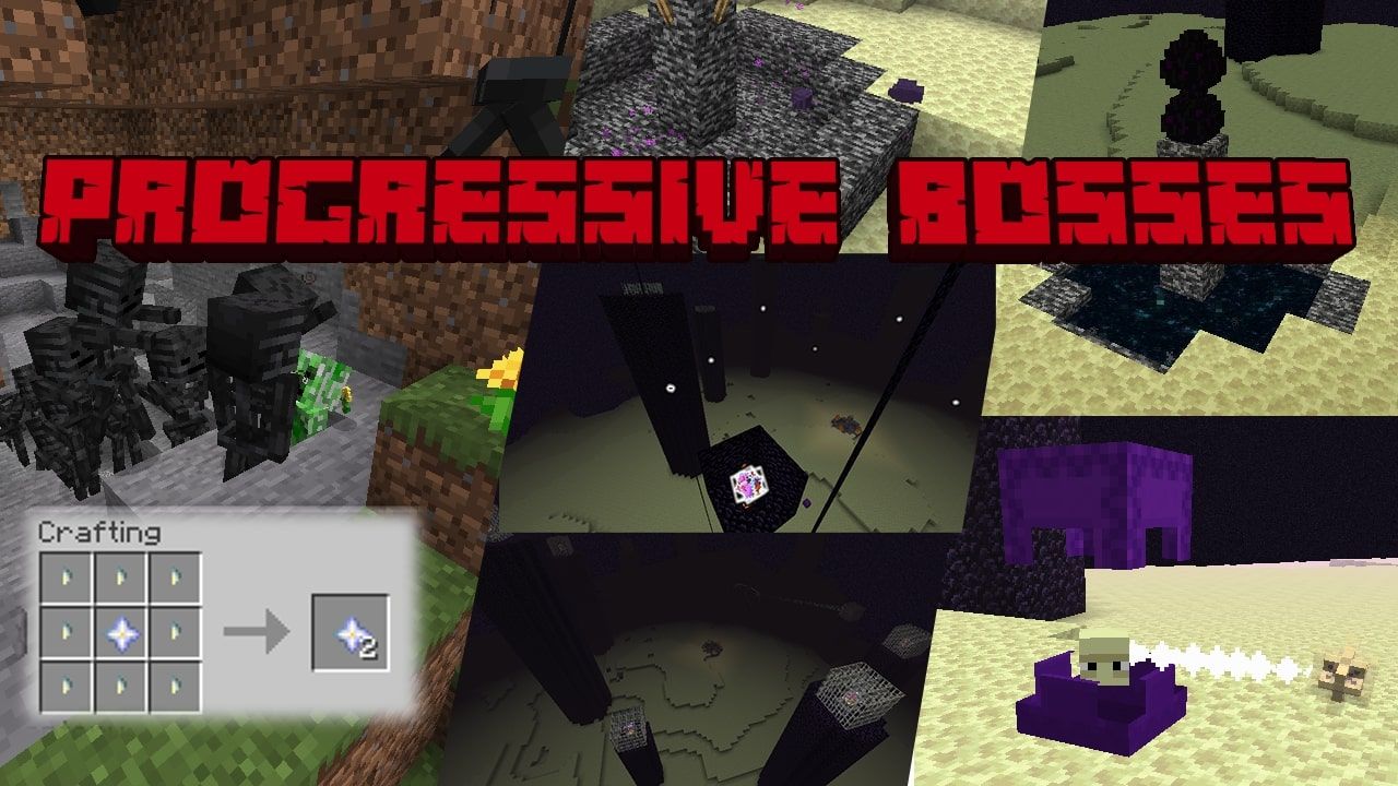 A collection of images, featuring wither skeletons, shulkers, The End dimension, the Exit Portal, end crystals and a crafting screen with crystals, with the text "PROGRESSIVE BOSSES" overlayed.
