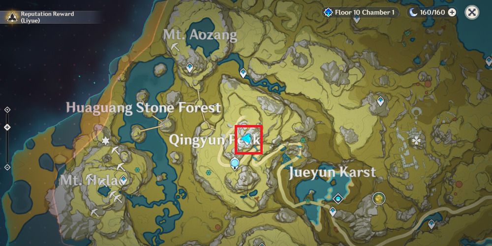 Screenshot of Genshin Impact's map hovering over Qingyun Peak.