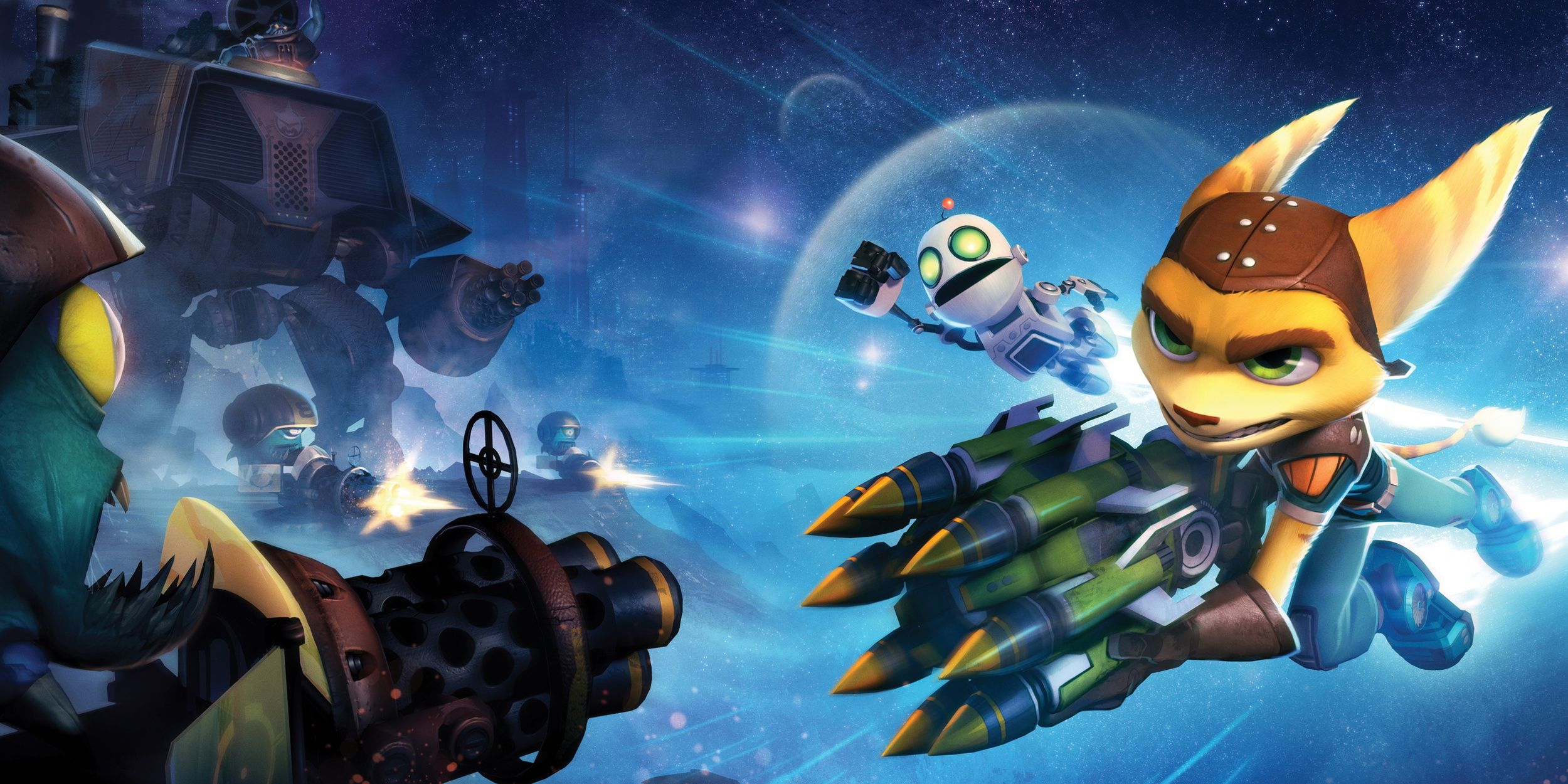 Ratchet and Clank charge toward a group of enemies
