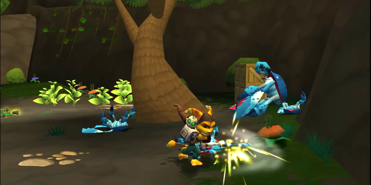 Ratchet and Clank attack an enemy by a tree