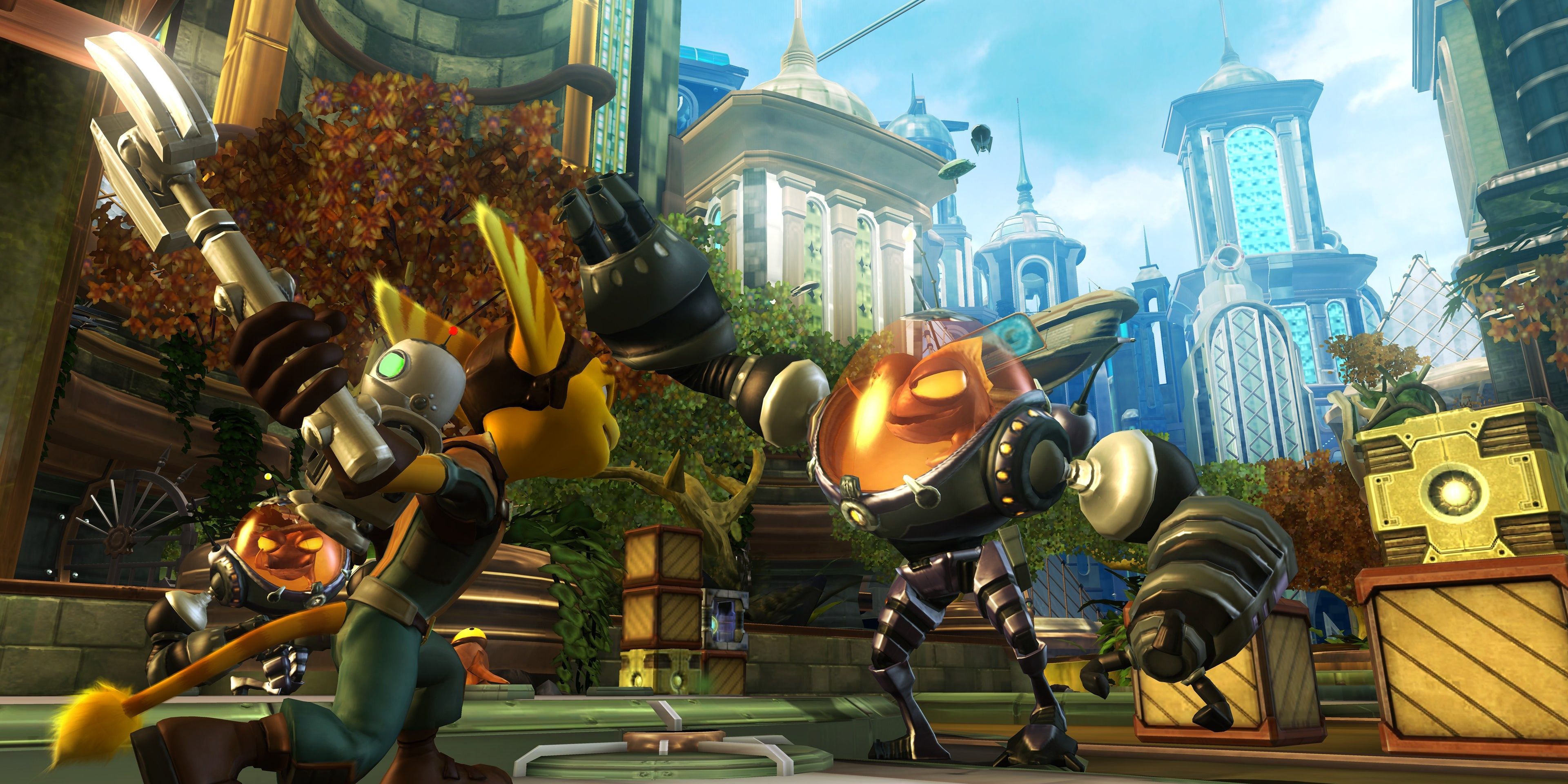 Ratchet and Clank prepare to attack a large enemy in a city