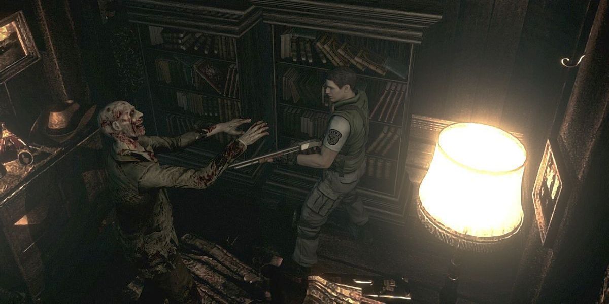 Chris Redfield using a shotgun to fight a zombie