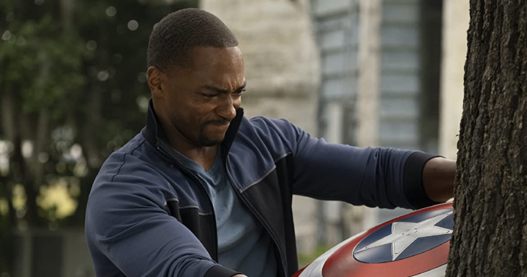 Sam with Cap's shield in Falcon and the Winter Soldier