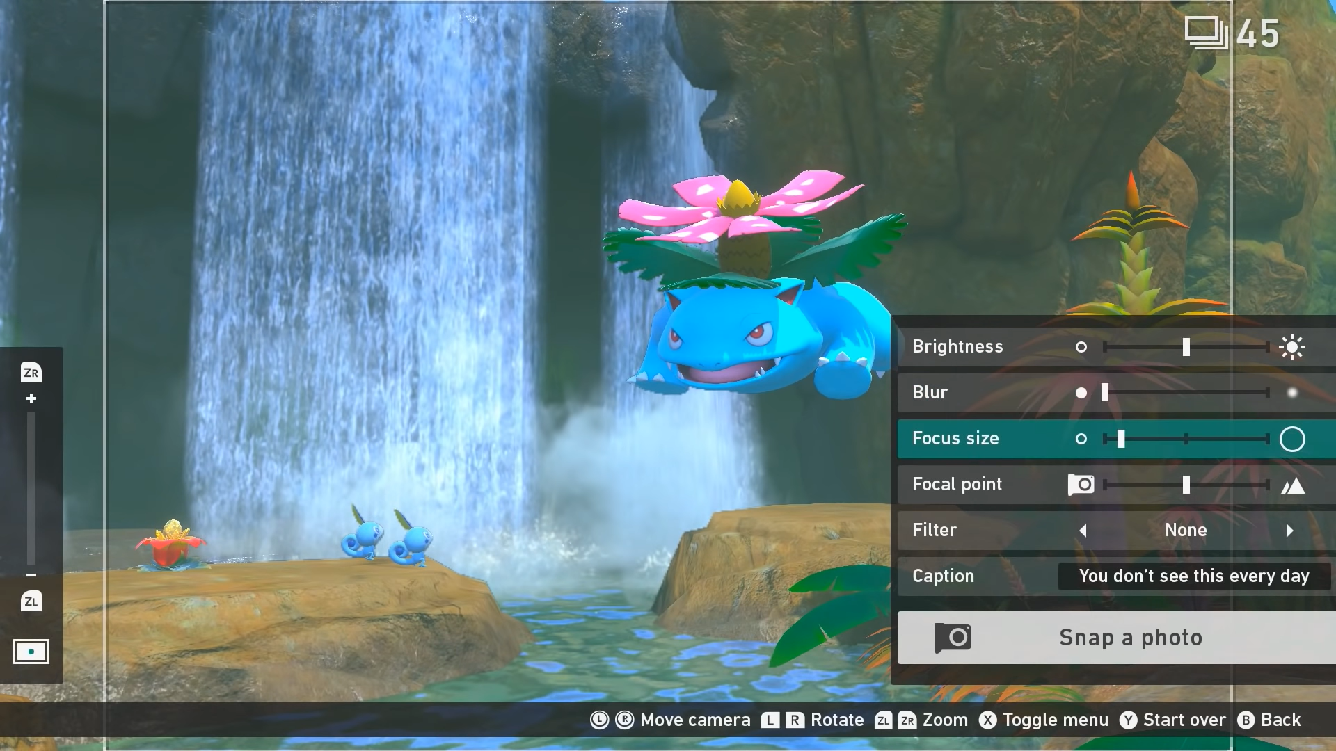 Venusaur in New Pokemon Snap with photo mode options
