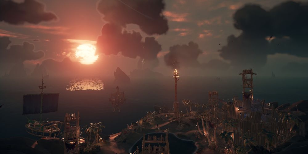 Sea Of Thieves skeleton fort at sunset from crow perch