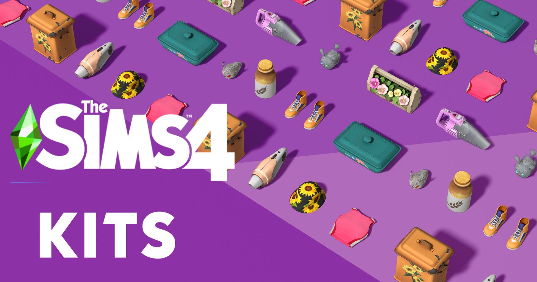 an image of several items from each of the first 3 kits with the sims 4 logo.