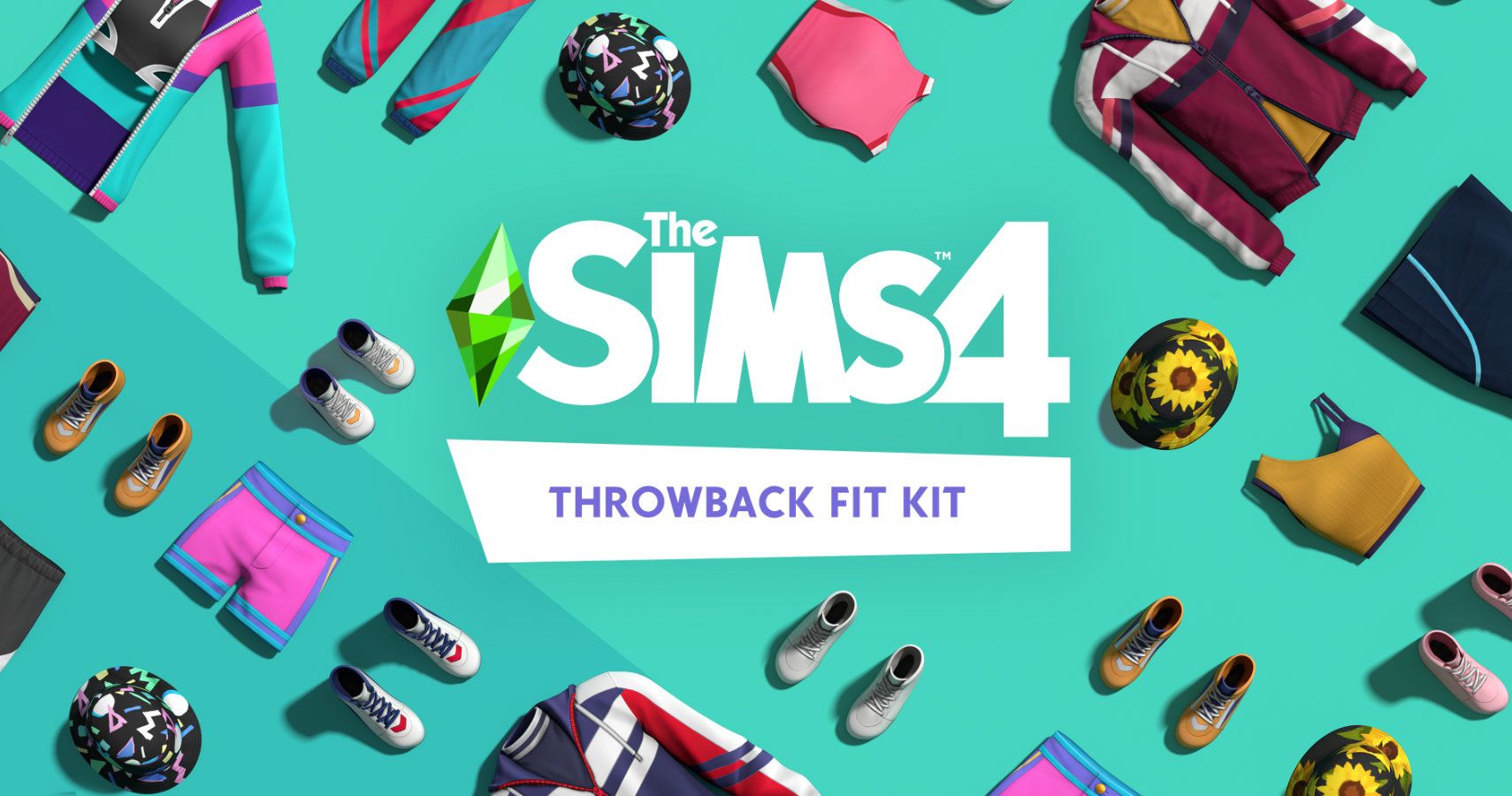Throwback kit items behind a sims 4 logo.
