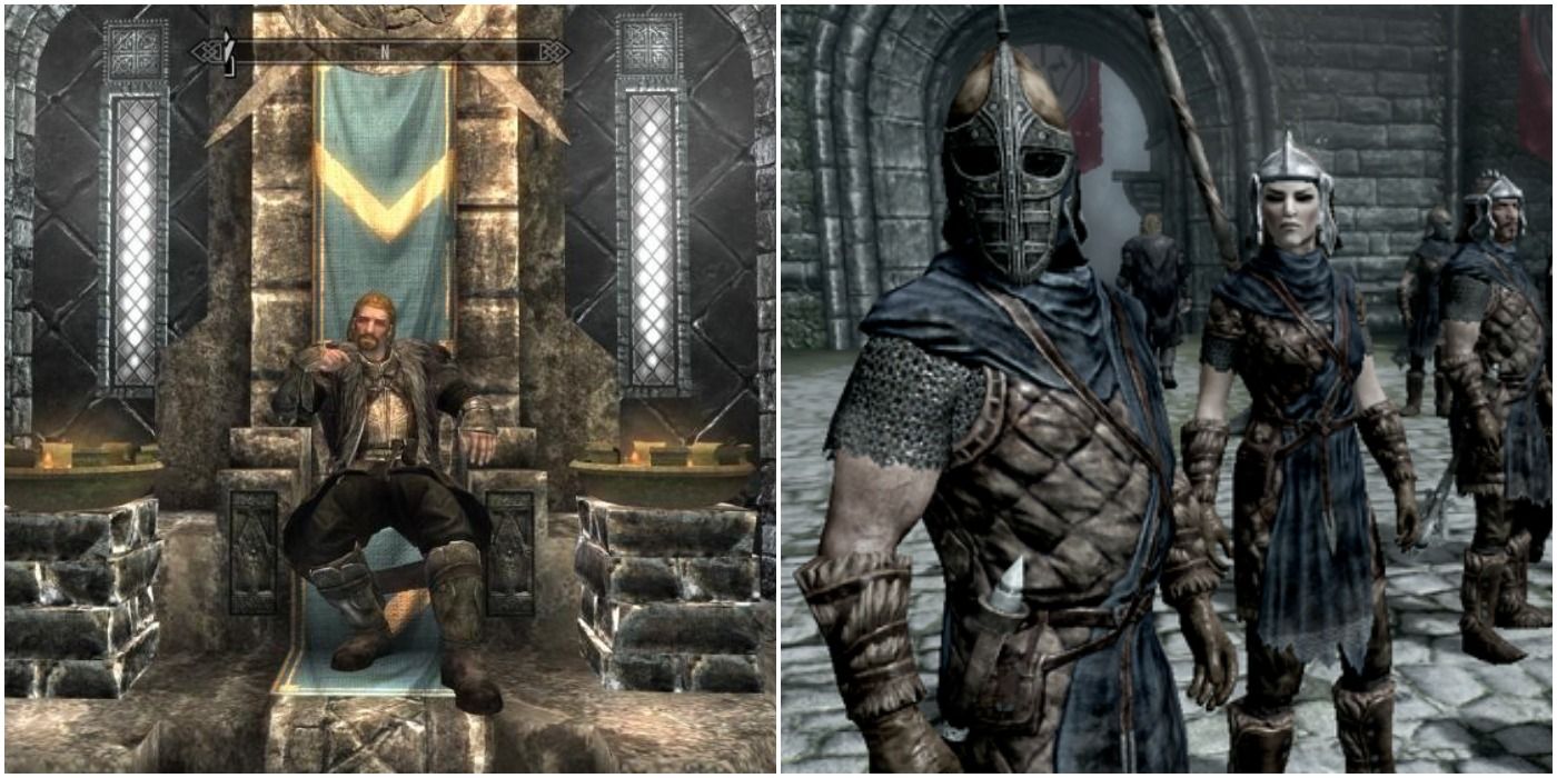 Ulfric Stormcloak on his throne and a group of Stormcloak soldiers in Skyrim