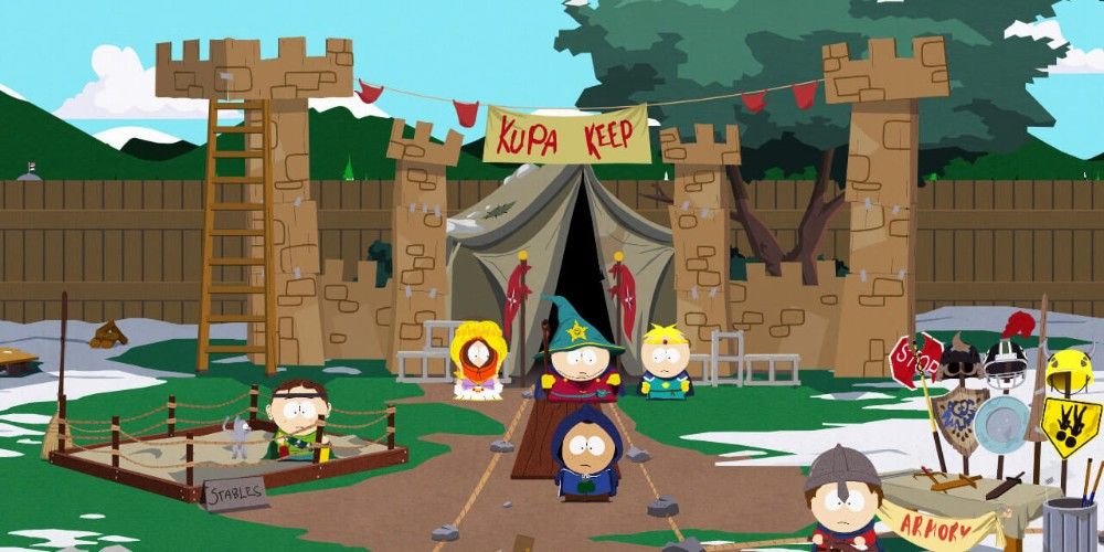 South Park Stick of Truth characters at a makeshift campsite