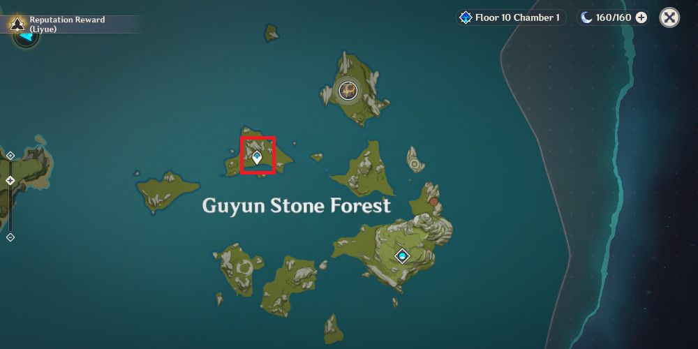 Screenshot of Genshin Impact's map hovering over Guyun Stone Forest.