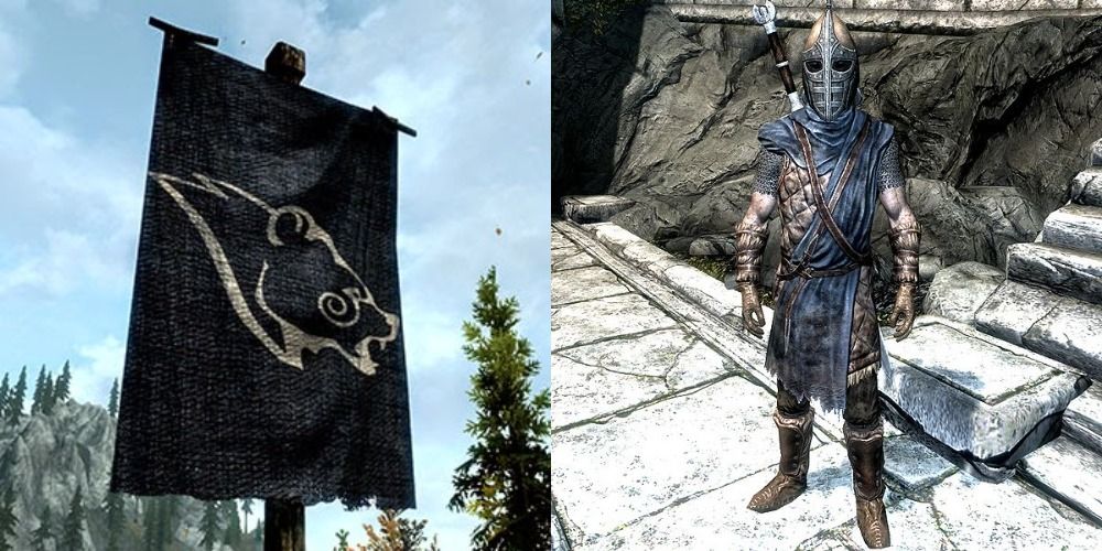 A Stormcloak banner and soldier in Skyrim