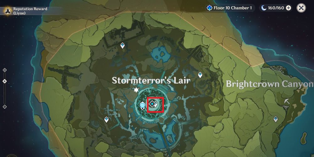 Screenshot of Genshin Impact's map hovering over the Stormterror's Lair.