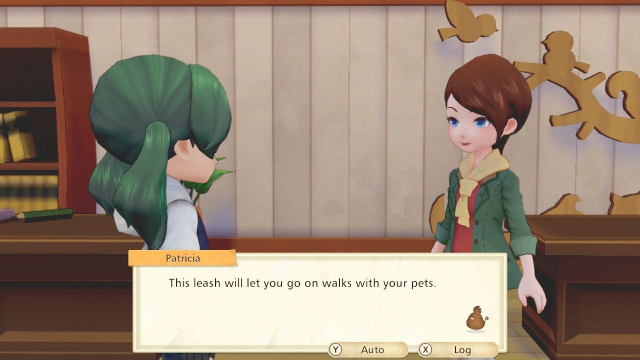 Story of Seasons Pioneers of Olive Town character recieving the leash from Patricia