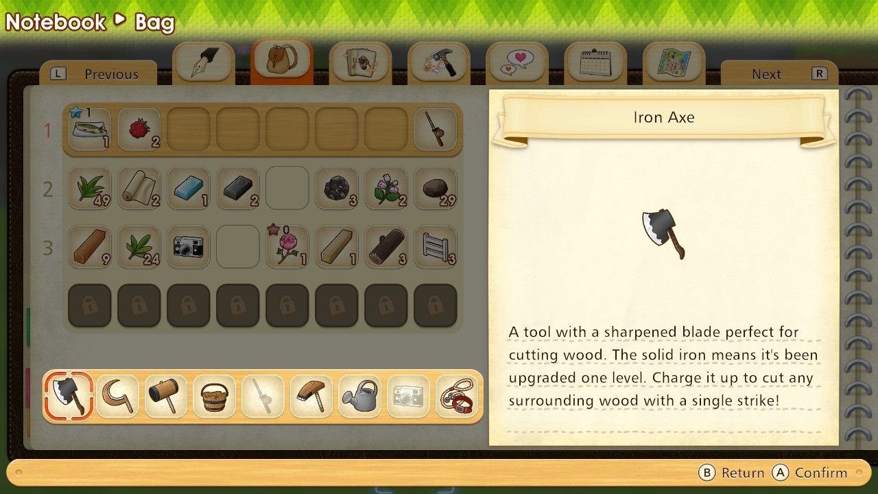 Story of Seasons Pioneers of Olive Town inventory and tool bag