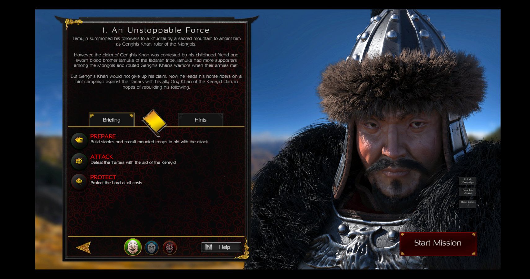 Genghis Khan campaign scenario one briefing screen.