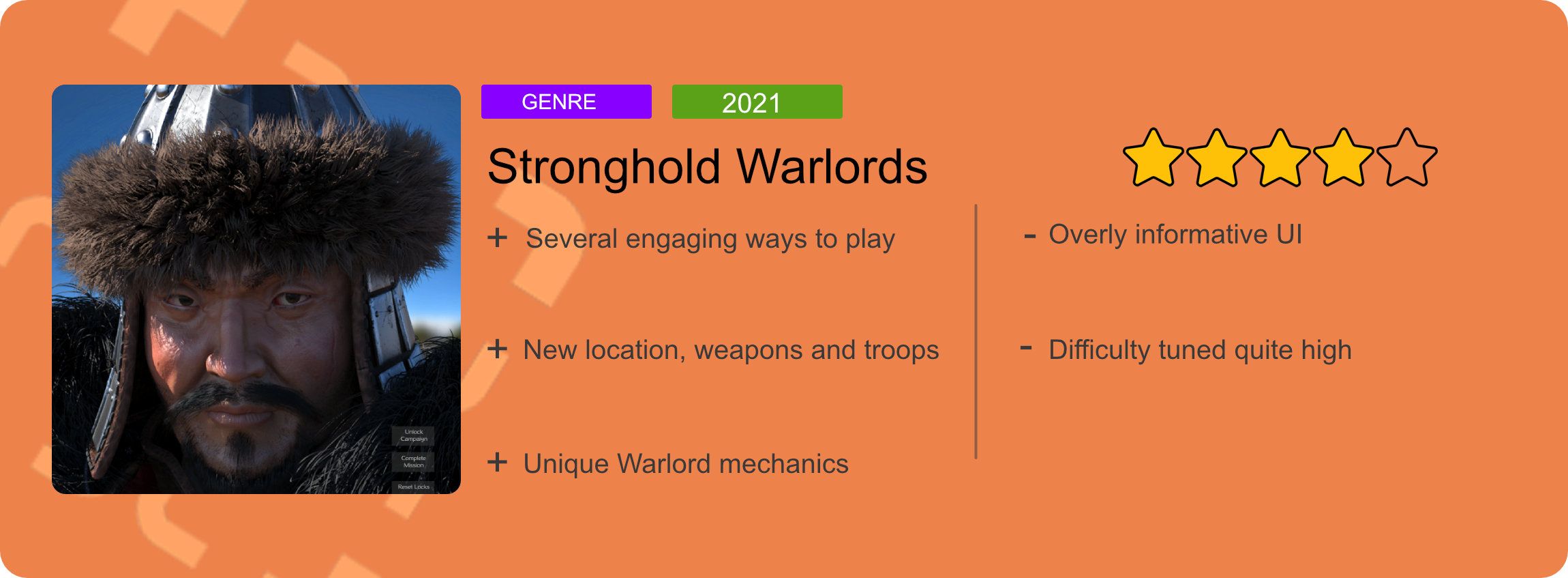 TG Rating banner. Reads: Pros, several engaging ways to play, new location, weapons and troops, unique warlord mechanics. Cons - overly informative UI, difficulty tuned quite high. Score is 4 out of 5.