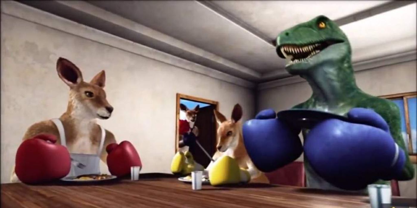 Roger (middle) looks at his family eating a meal with Alex in Roger's TTT2 ending